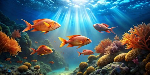 Oceanic Paradise Vibrant Reef Scene with Sunbeams Illuminating Colorful Fish and Coral