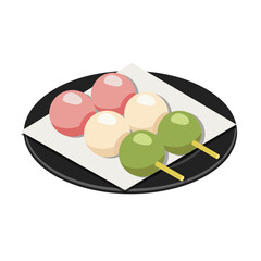 Two three-color dango skewers on black round plate with white paper - flat isometric illustration
