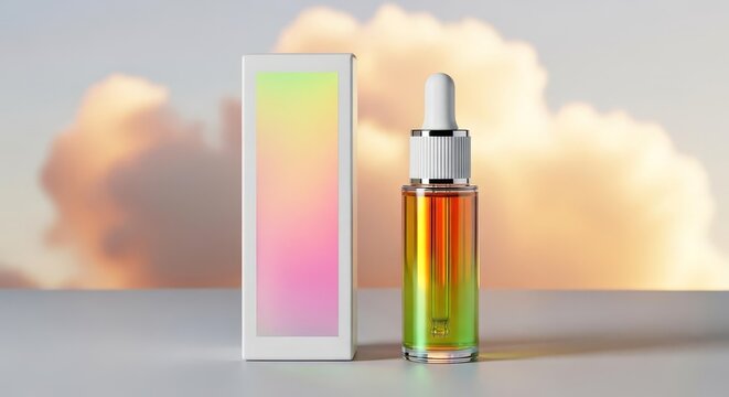 A new beauty elixir is born from the sunset clouds. This premium cosmetic serum mockup with a gradient box is perfect for a natural, high-end skincare product launch.