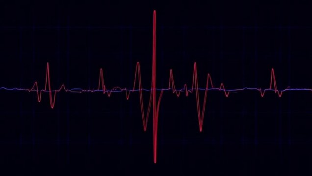 Electrocardiogram: Graphical Representation of Heart Activity. Thin neon line (redblue) rhythmically traces classic ECG waveform with QRS peak.