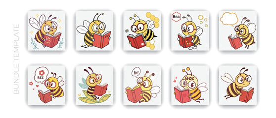 Funny hand drawn cute honey bees flying insect collection vector illustration