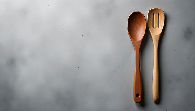 Two wooden utensils&mdash;a spoon and a fork&mdash;standing upright against a textured gray background, depicted in 4K and HD image.