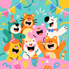 Naklejka premium Cute Animals Celebrating Together with Balloons and Confetti