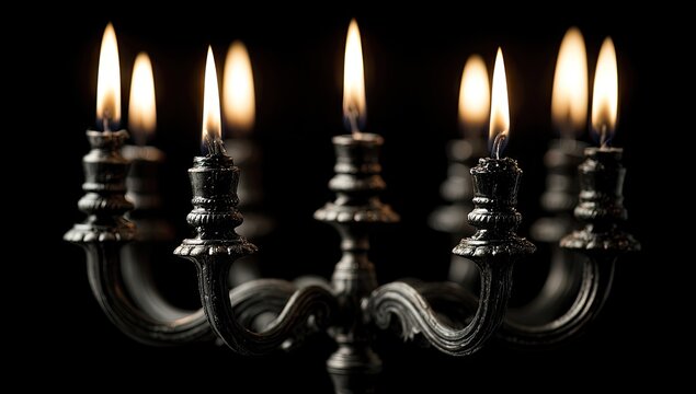 Ornate black candle holder with burning candles.