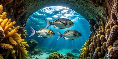Oceanic Scene Three Fish Swim Through Sunlit Underwater Cave Framed by Vibrant Coral