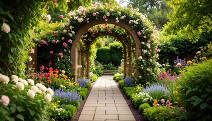Fototapeta premium Blooming Garden Archway: A serene garden pathway leads under a beautiful archway covered in vibrant roses and flowers, leading to a tranquil garden, inviting exploration and contemplation.