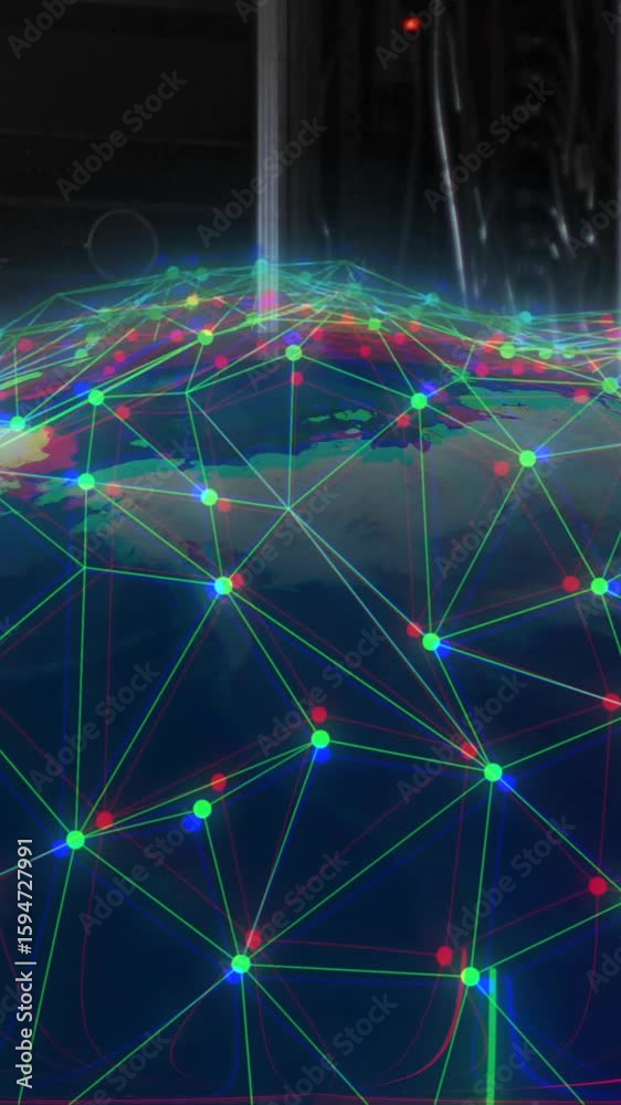 Poster Animation of digital data processing with globe over computer servers
