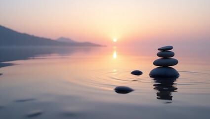 Stacked Stones at Sunset on Calm Water for Meditation
