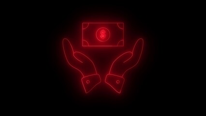 Red Neon Hands Holding Dollar Bill Silhouette on Black Background