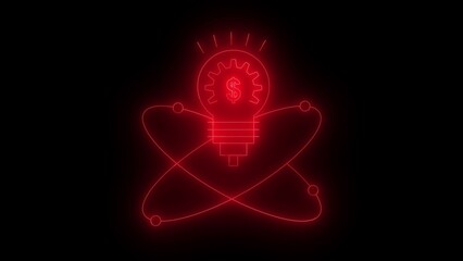 Red Neon Lightbulb with Dollar Sign Gear and Atom Structure on Black Background