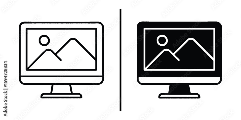 Poster digital display icon set: two sleek digital display icons are depicted side by side, with one in a m