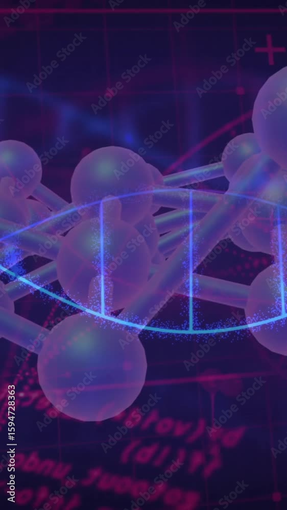 Wall mural animation of scientific data processing over dna strands on dark background