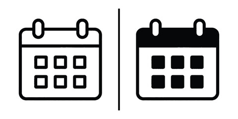 Calendar Icon Set: A minimalist representation of two calendar icons, one outlined and the other filled, standing side-by-side, conveying concepts of time and scheduling.