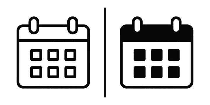 Calendar Icon Set: A minimalist representation of two calendar icons, one outlined and the other filled, standing side-by-side, conveying concepts of time and scheduling.