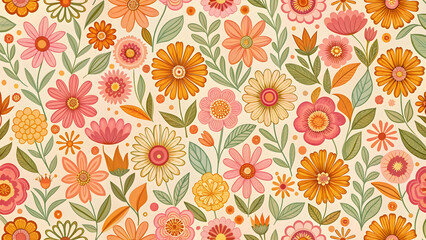 Colorful Floral Pattern with Stylized Blossoms and Green Leaves"