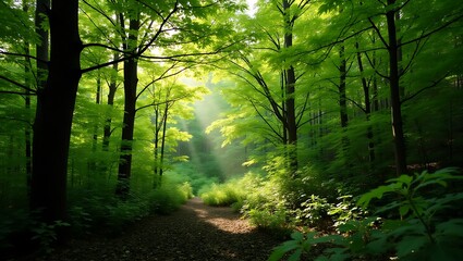 Obraz premium Sunlight Through Green Forest Canopy Illuminating a Woodland Path