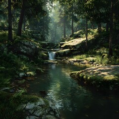 Fototapeta premium Green trees and natural rocks surround a flowing waterfall in the forest