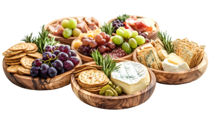 Assorted cheeses and fruits with crackers on rustic wooden platters
