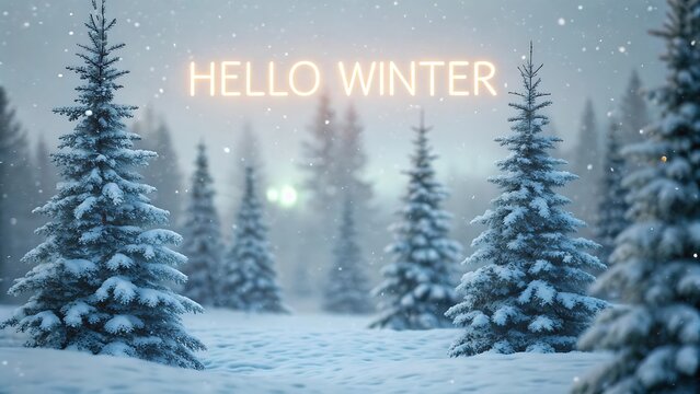 Snowy forest scene with glowing hello winter text