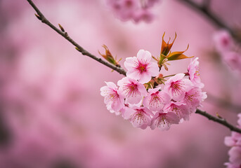 Obraz premium Close-up of delicate pink cherry blossoms on a branch, soft focus background.