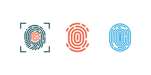 Three fingerprint icons in different colors, security technology illustration on white background