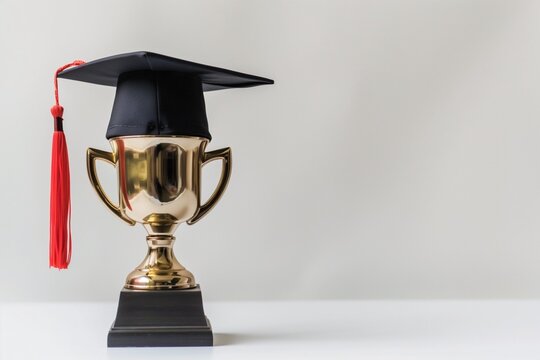 Trophy cup with black graduation cap on top, clean white background, academic success and recognition.