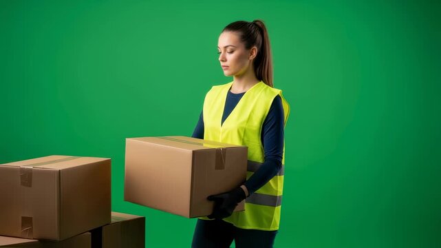 Woman mover in glowing vest handling cardboard delivery box with copy space on green screen background video.
