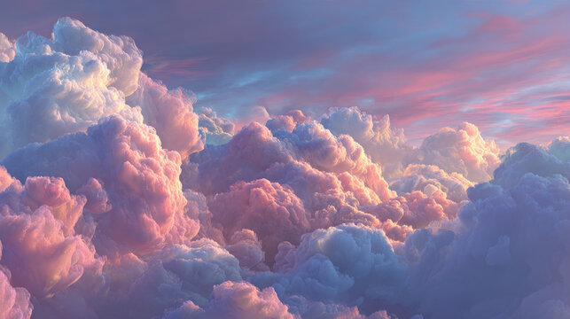 Fluffy clouds in pink and blue sky at sunset background image