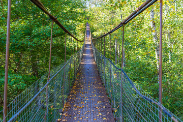 An iron suspension bridge on steel cables across a mountain river leading to the forest on a sunny autumn day