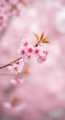 Delicate branch of cherry blossoms in full bloom, showcasing vibrant pink petals.