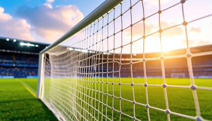 Fototapeta premium Goal's Glory: A vibrant shot of a soccer goal, the net glistening in the golden sunlight, set against the backdrop of a bustling stadium. The perfect embodiment of competition, passion.