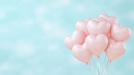 Pastel pink heart shaped balloons floating against soft turquoise backdrop, suggesting romantic mood for love themed events and celebratory moments