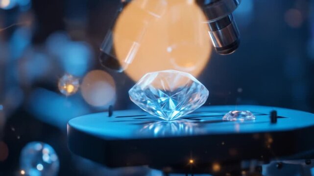 A microscope examines a lab-grown diamond amidst glittering lights, symbolizing innovation and precision. 4k video