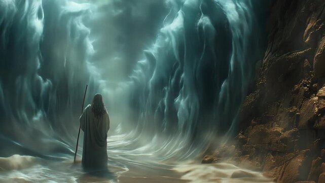 Divine sea moment: Moses parts ocean passage, sacred motion, powerful symbol, biblical marvel, spiritual tide, holy gesture, ancient belief, celestial aid, scriptural act, prophetic vision