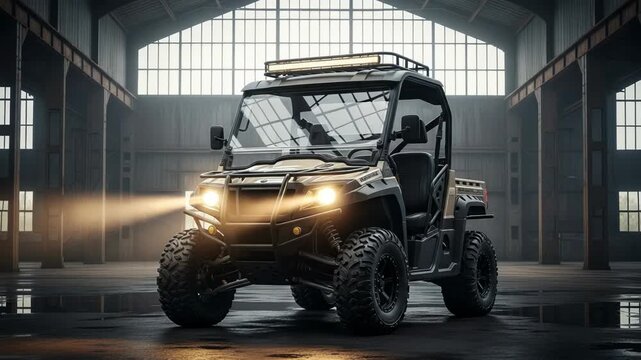 A powerful allterrain vehicle with illuminated headlights sits ready for adventure in a dimly lit industrial garage