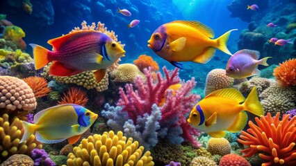 Vibrant Reef Scene Featuring Colorful Fish and Coral Formations in a Submerged Paradise