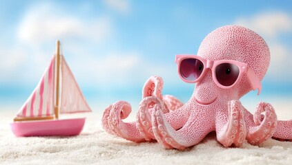 Playful pink octopus with sunglasses on a sandy beach.