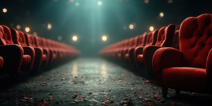 Rows of empty red chairs in a dimly lit theater with scattered leaves on the ground and soft lighting filtering through the air