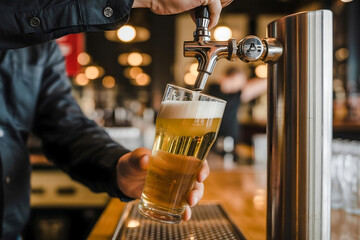 Bartender Pouring Fresh Beer from Tap into Glass at Bar on International Beer Day Celebration – AI-Generated