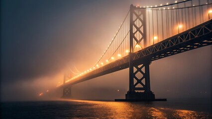 Fototapeta premium Illuminated bridge towers emerge from thick fog over water