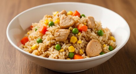 A close-up view of a bowl filled with chicken fried rice, showcasing colorful vegetables.