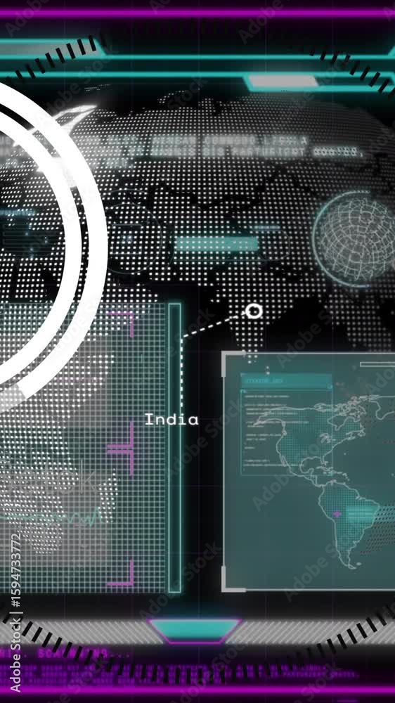 Poster digital interface with world maps and data processing animation over global network