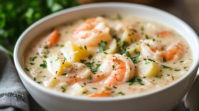 Creamy Shrimp Chowder with Potatoes and Herbs in a White Bowl