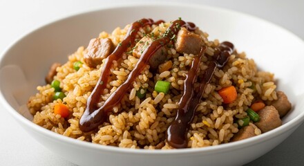 Fototapeta premium A close-up view of a bowl filled with delicious fried rice, chicken, and vegetables, drizzled with sauce.