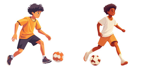 Two boys playing soccer in casual clothes isolated on transparent PNG image perfect for sports illustration or youth activity design