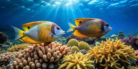Vibrant Reef Fish Pair Swimming Amidst Colorful Coral Structures Under Sunlit Ocean Waters