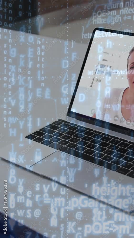 Poster programming code animation overlaying person video conferencing on laptop screen