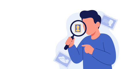 Philatelist Character Inspecting Rare Stamp with Magnifying Glass for Authentication