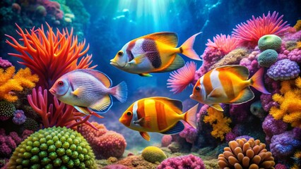 Vibrant Reef Scene Showcasing a Diverse Array of Colorful Fish and Lush Coral Formations