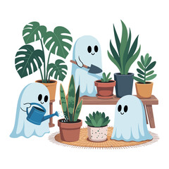 Cute Ghost Gardening Art – Halloween Plant Lover Illustration